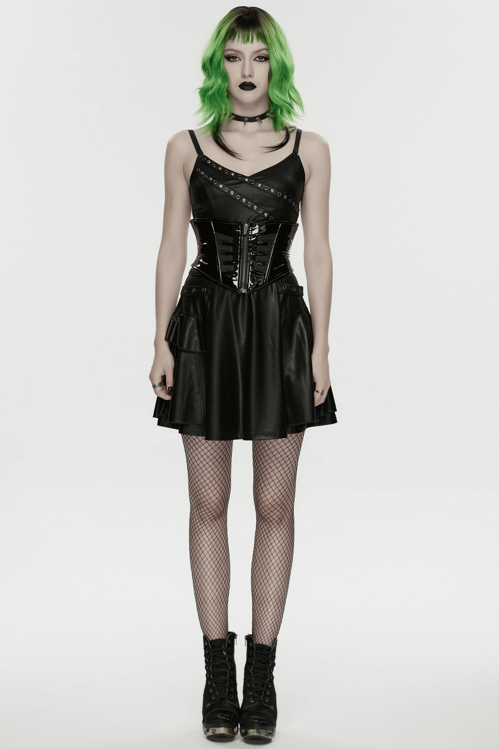 Patent Leather Corset Belt with Zipper for Women worn by a model with striking green hair in a stylish outfit.