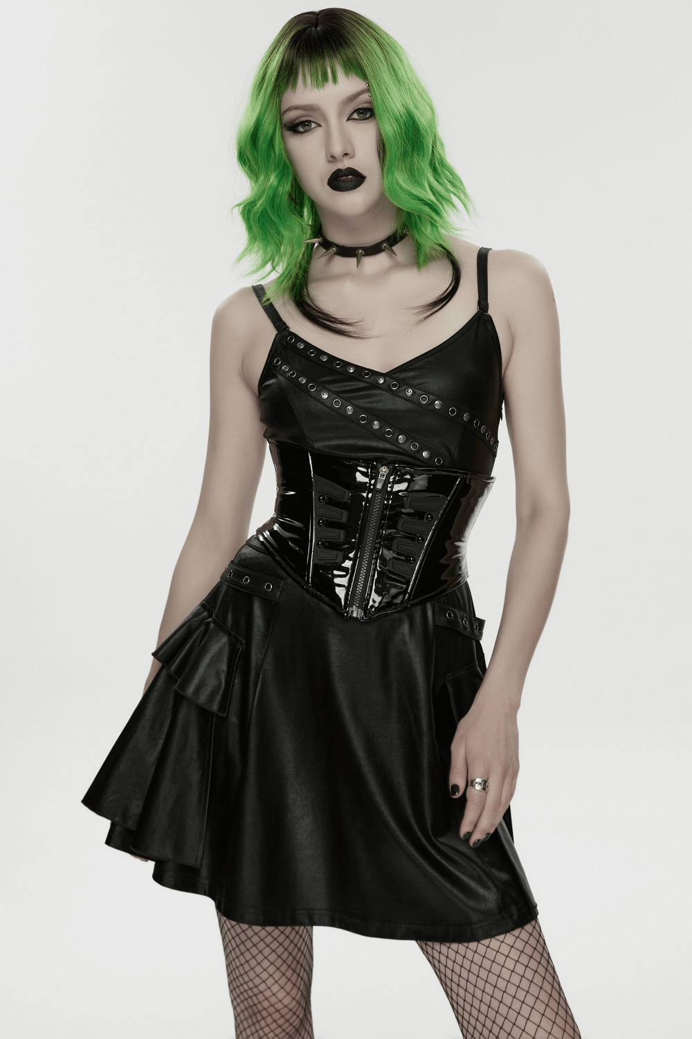 Stylish model showcasing a Patent Leather Corset Belt with Zipper for Women, paired with a chic black outfit.
