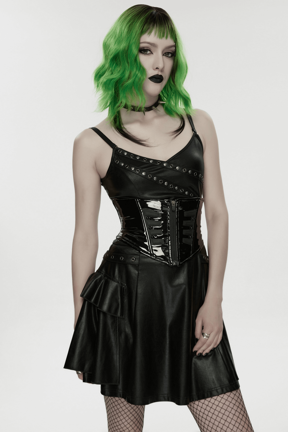 Model wearing a Patent Leather Corset Belt with Zipper for Women paired with a stylish black dress.