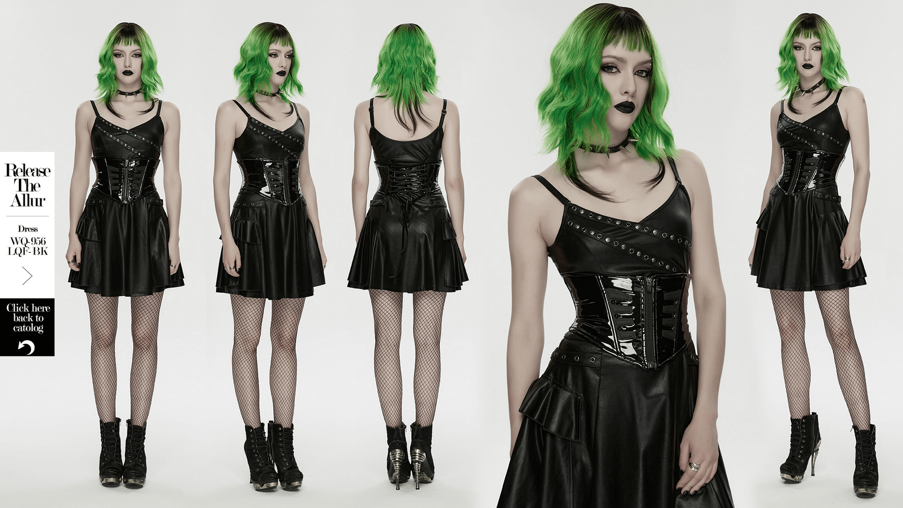 Patent Leather Corset Belt with Zipper for Women showcased in stylish black outfit with green hair.
