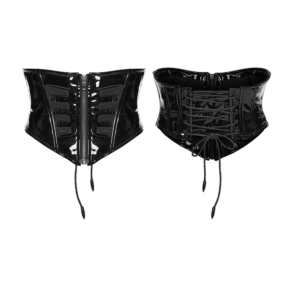 Patent Leather Corset Belt with Zipper for Women, showing front and back views, stylish and sleek design.