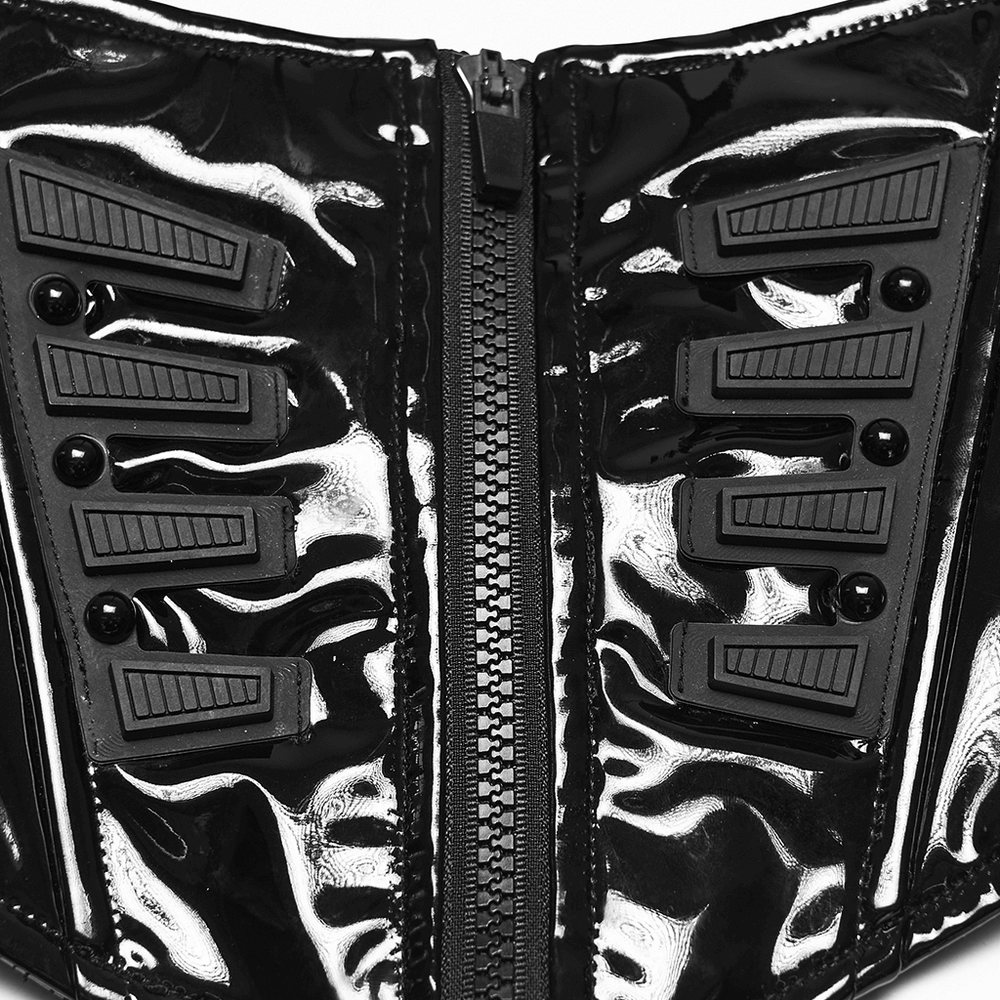 Patent Leather Corset Belt with Zipper for Women showcasing its detailed zipper and sleek design.