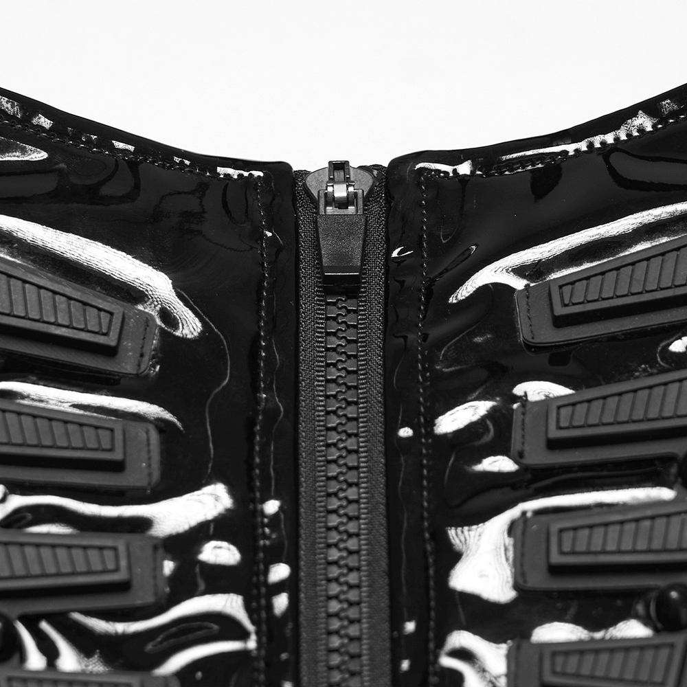 Close-up of Patent Leather Corset Belt with Zipper for Women showcasing its detailed zipper and glossy finish.