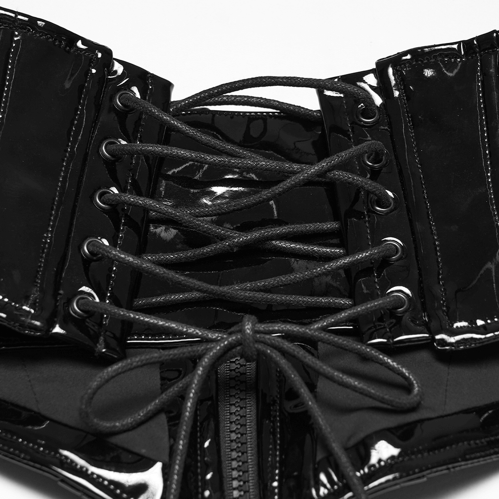 Patent Leather Corset Belt with Zipper for Women - close-up of laces and zipper detail