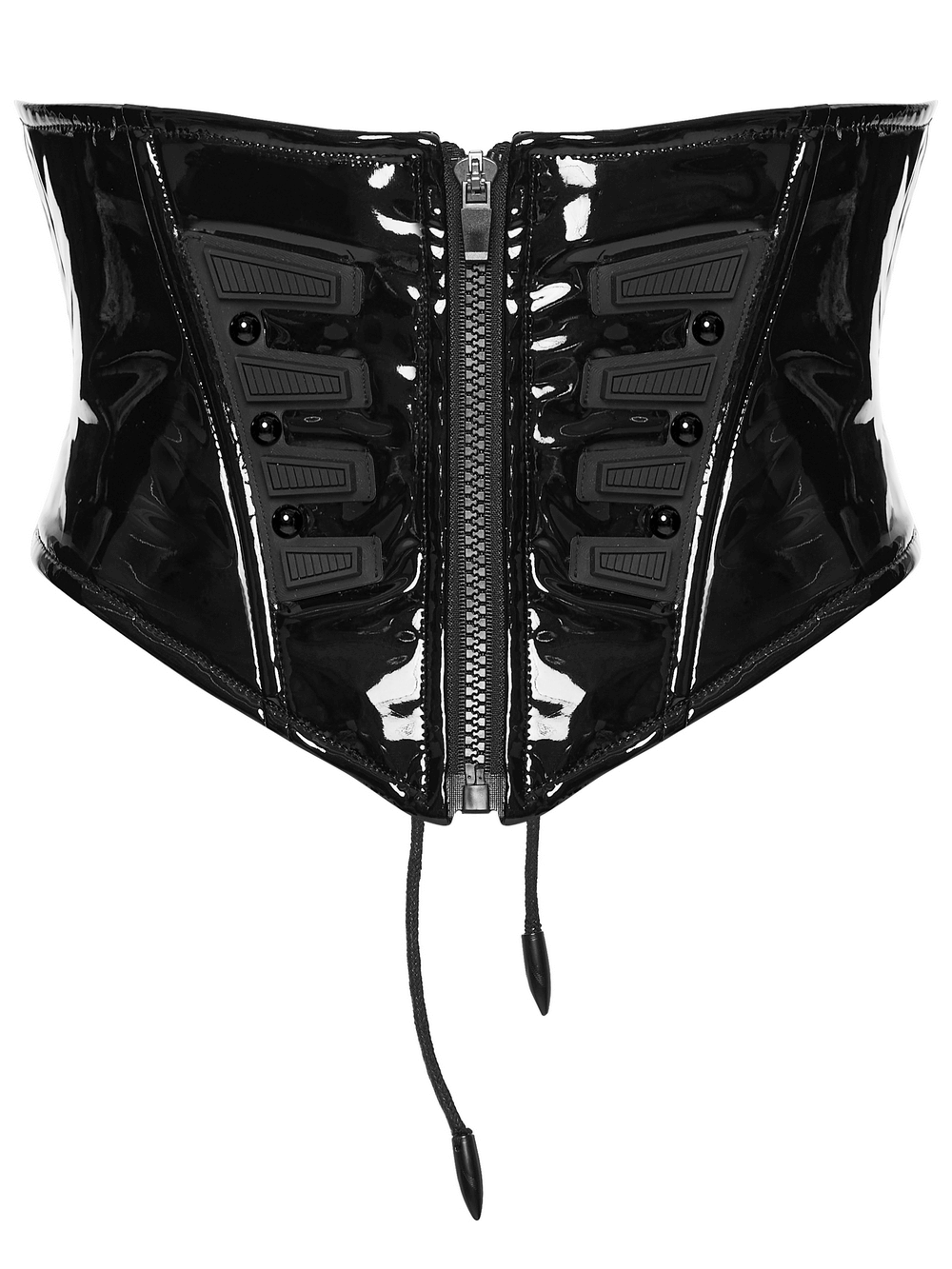 Patent Leather Corset Belt with Zipper for Women in glossy black finish, featuring a stylish zip closure.