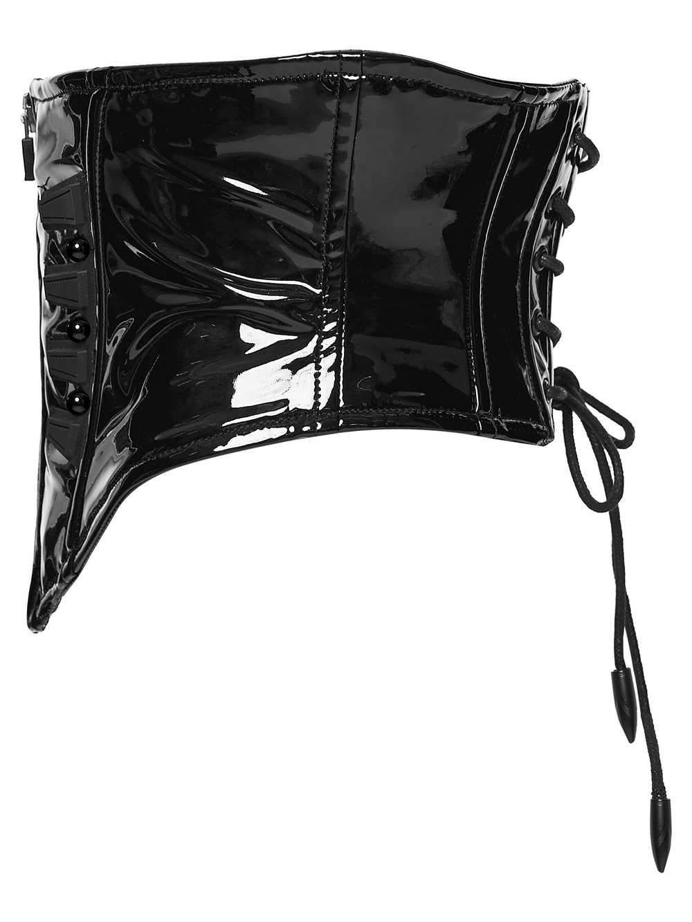 Patent Leather Corset Belt with Zipper for Women, stylish black corset with glossy finish and lace-up detail.