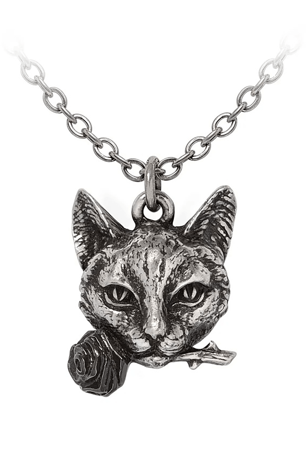 Pendle Hill Imp Gothic Cat Pewter Pendant Necklace with cat face and black rose charm in gray pewter.