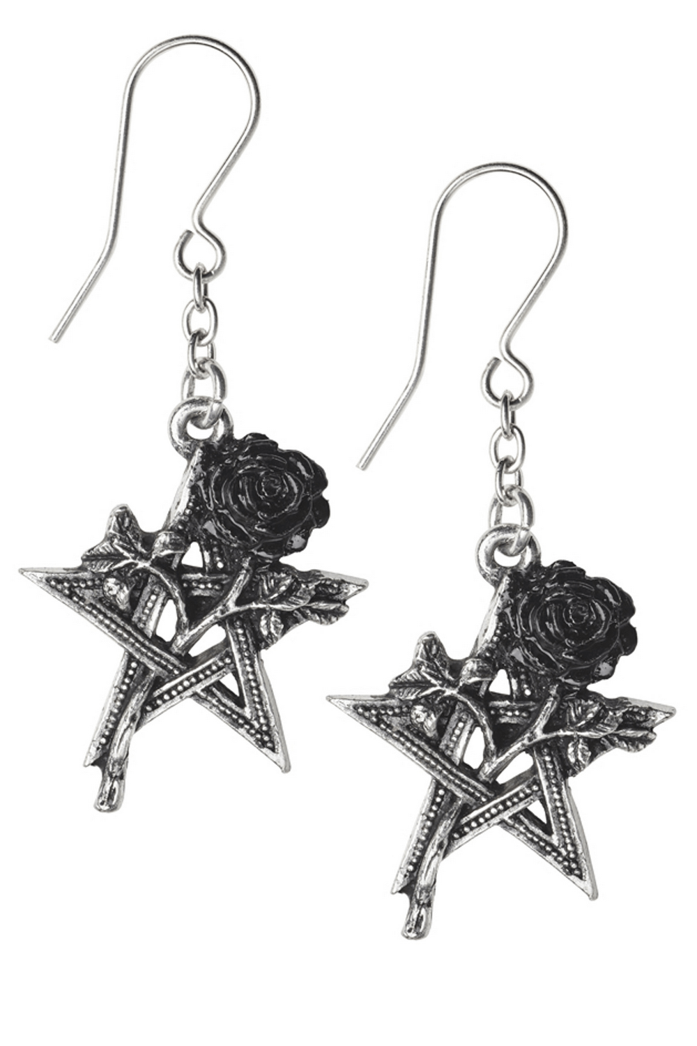 Mystical pentagram earrings with black rose accents and pewter detailing, hanging on surgical steel ear-wires.