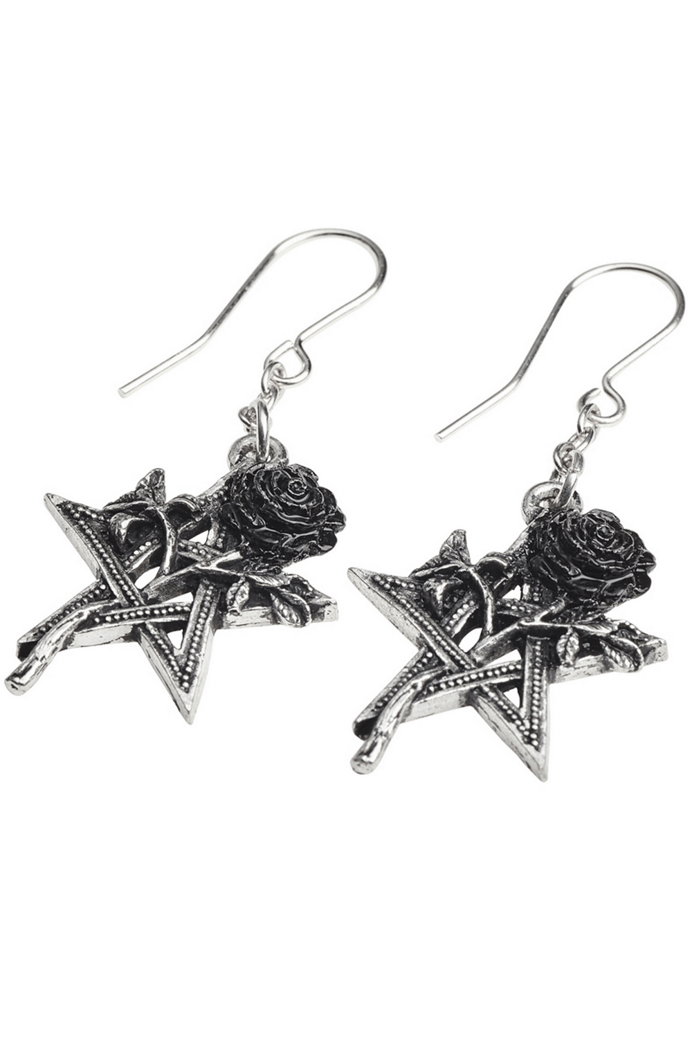 Pentagram and black rose earrings with pewter detailing, showcasing romance and mysticism in a stunning design.