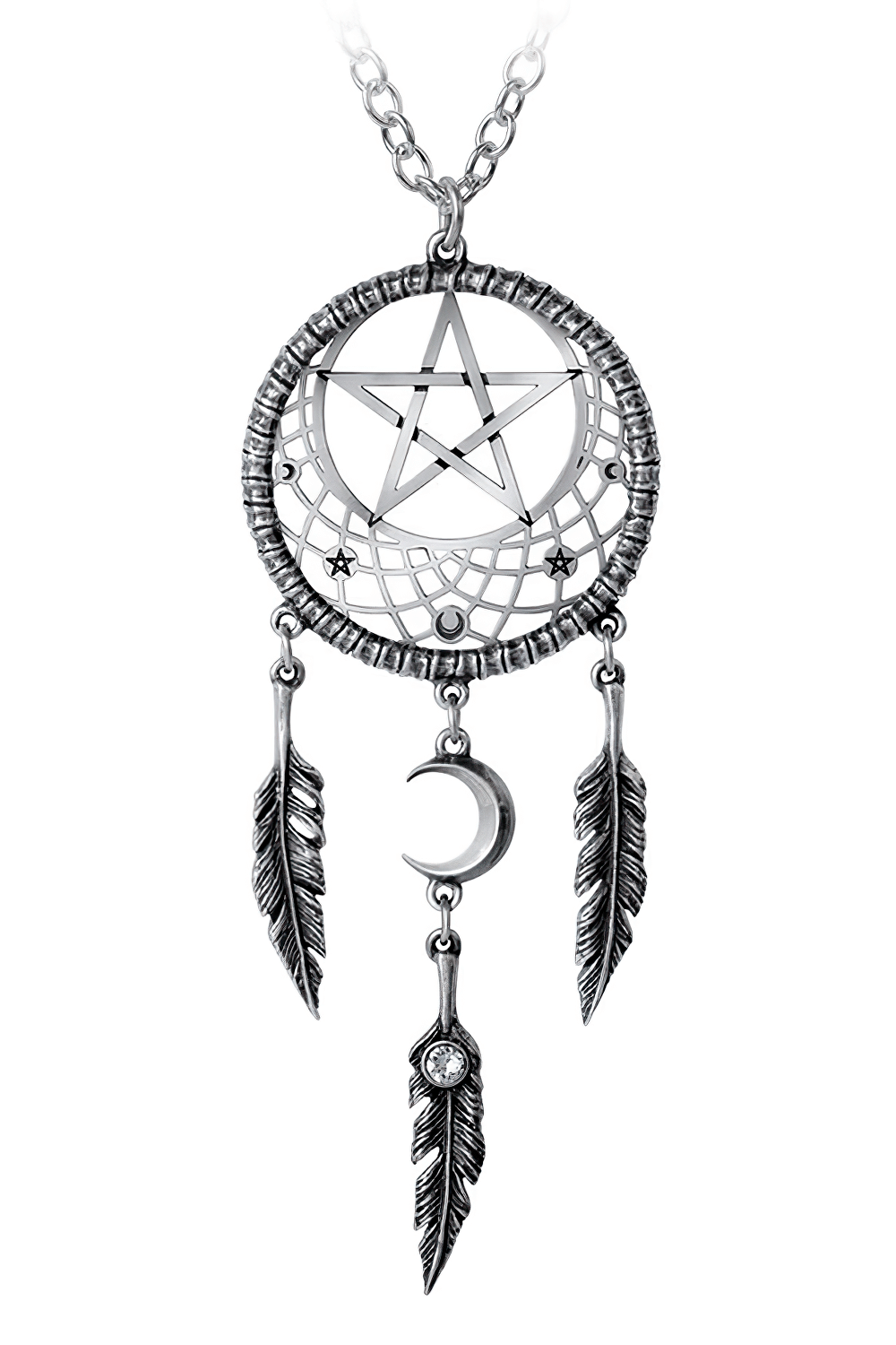 Pentagram and moon dreamcatcher pendant necklace with feathers and crystal, symbolizing protection and energy.