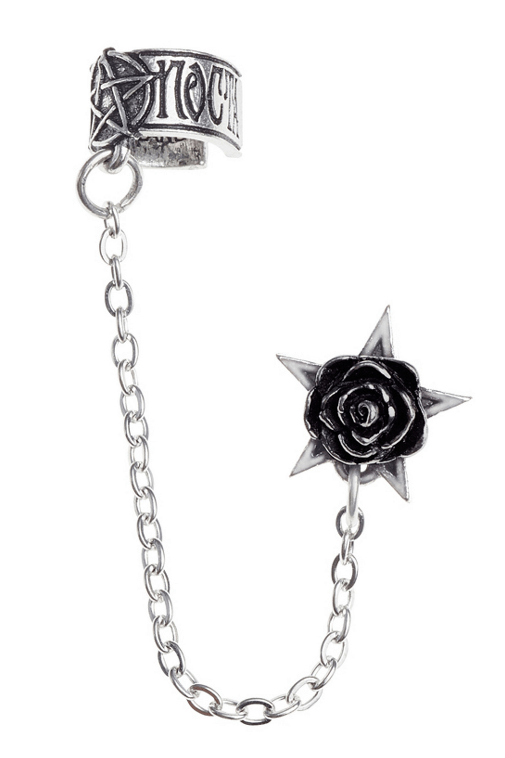Gothic ear cuff featuring a pentagram and black rose with a delicate chain for witchy style.
