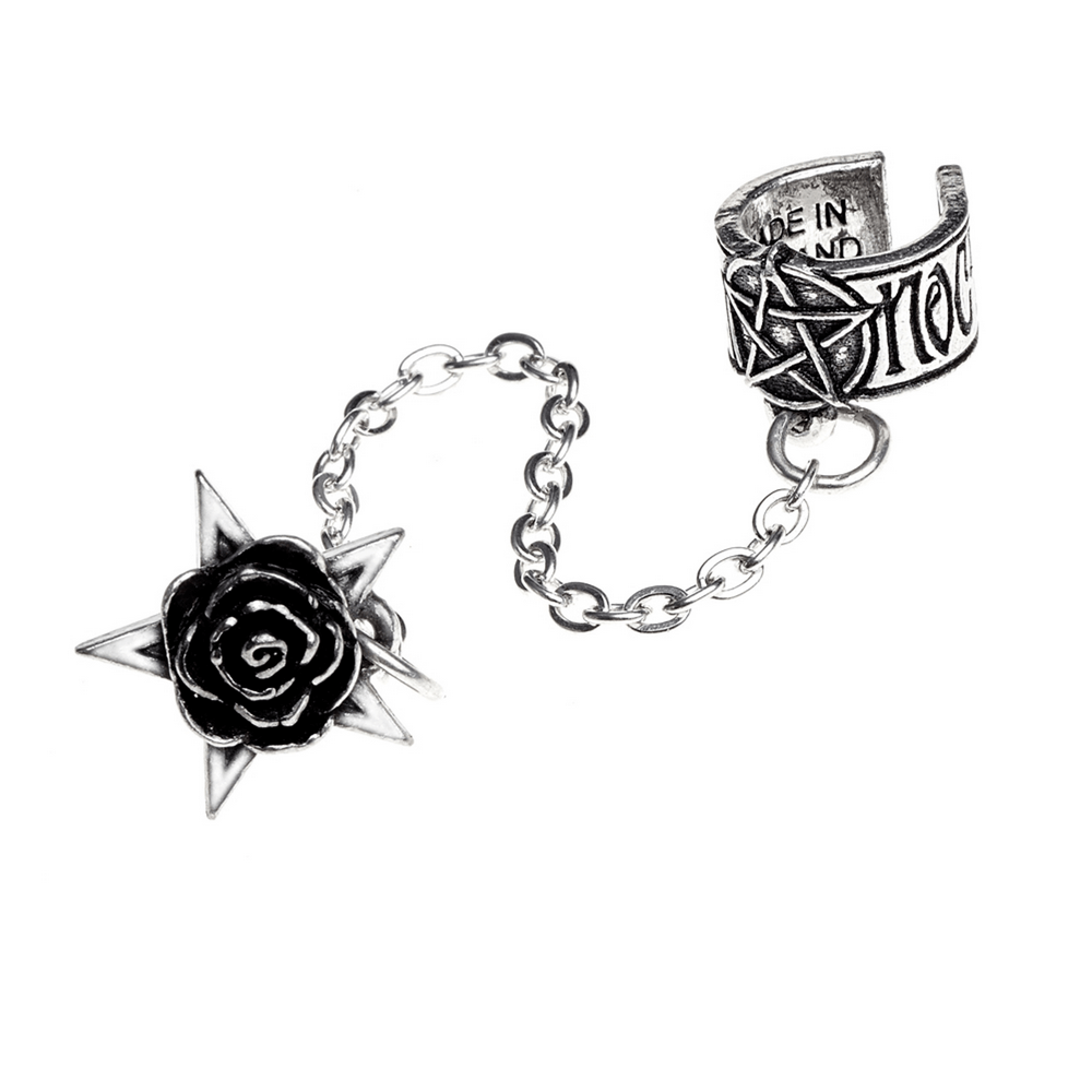Gothic pentagram and black rose chain ear cuff, perfect for witchy style and occult aesthetics.