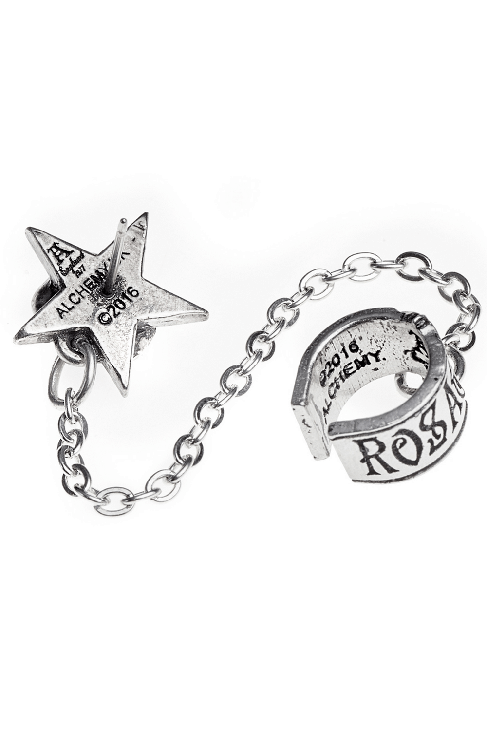 Gothic pentagram and rose chain ear cuff earring showcasing mystical design and unique style.