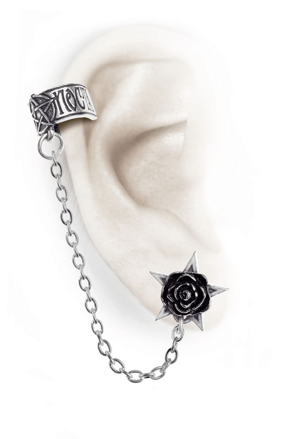 Gothic pentagram and black rose chain ear cuff for a mystical witchy style look.