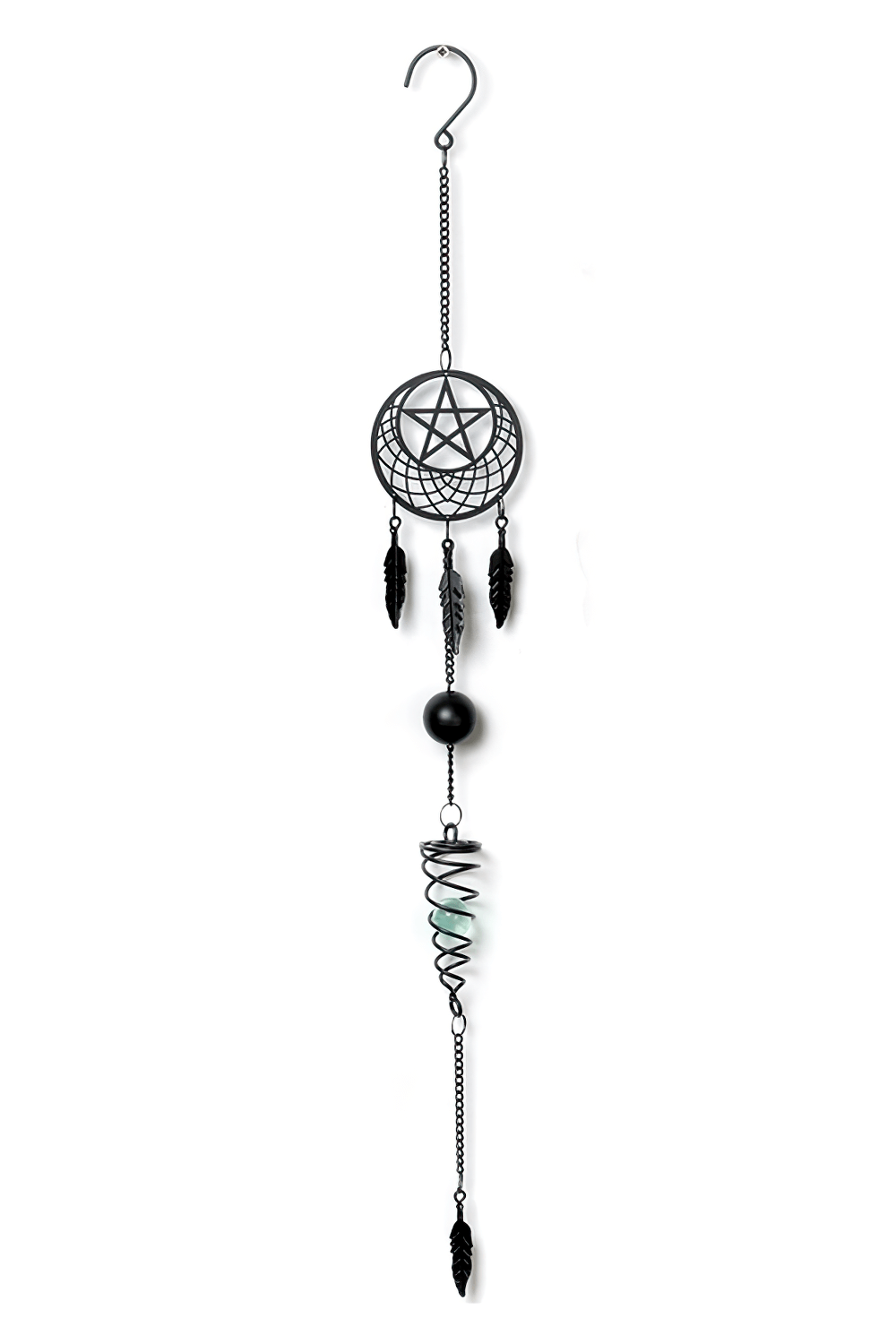 Black pentagram dream catcher hanging decor with feathers and spiral design, perfect for witchy home decor.
