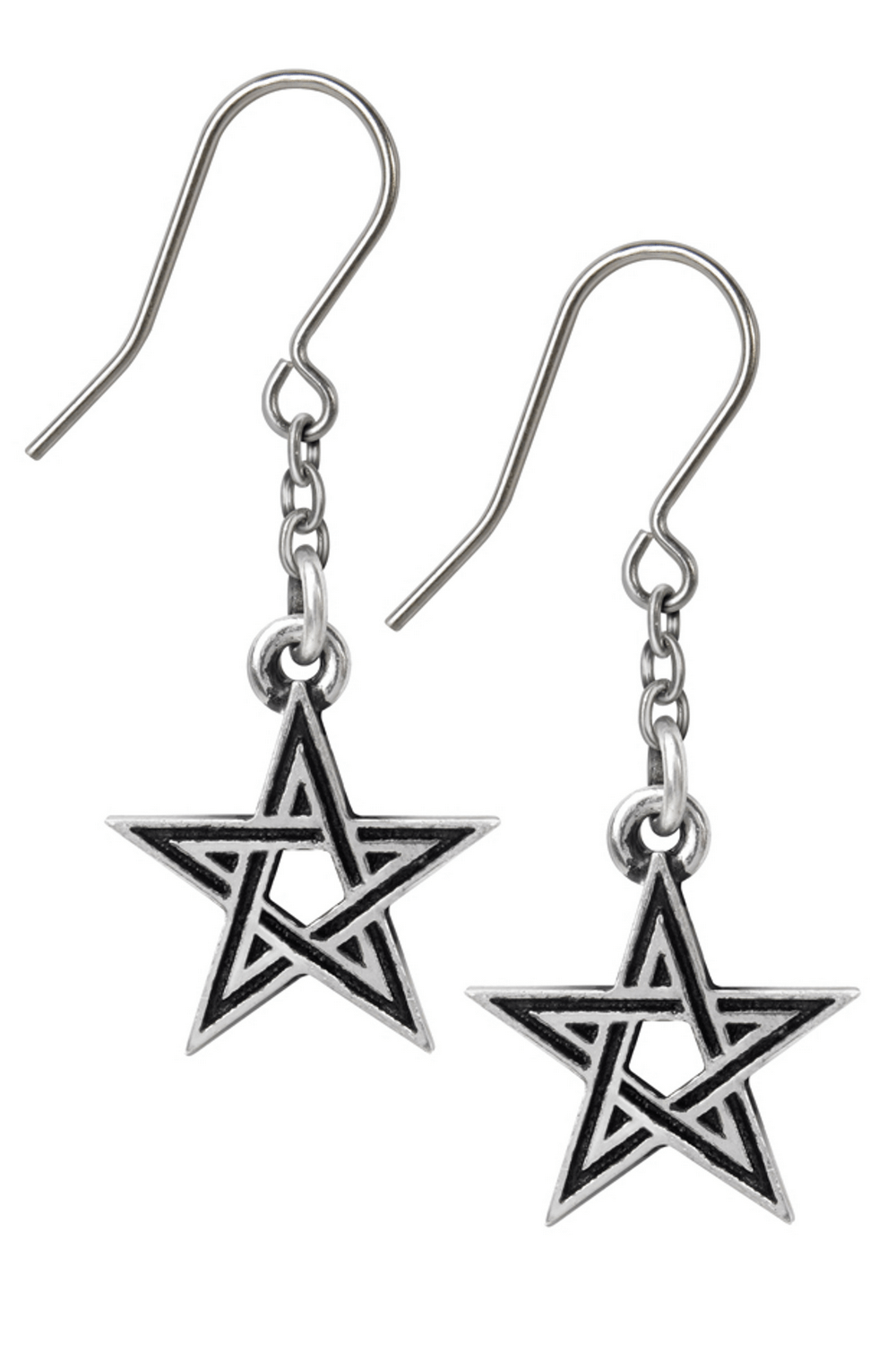 Pentagram earrings with black enamel and fine chain, perfect for occult and spiritual fashion enthusiasts.