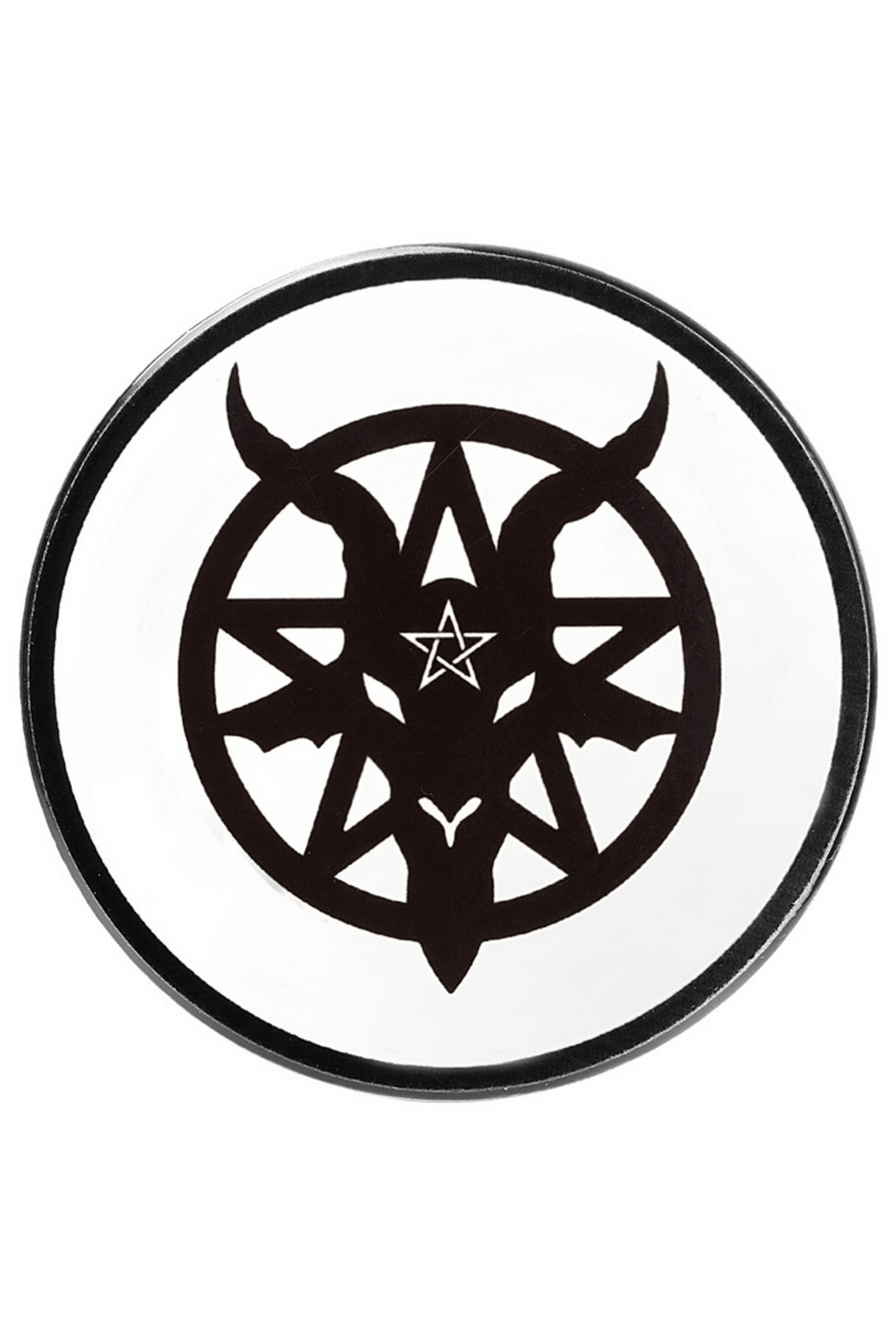 Occult Baphomet goat coaster featuring a striking pentagram design in black and white.