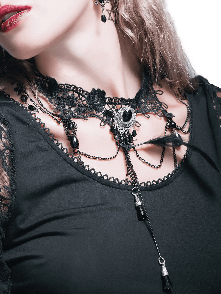 Perfect Crystal Pendant Beaded / Gothic Lace Necklace for Women / Elegantly Female Accessories - HARD'N'HEAVY