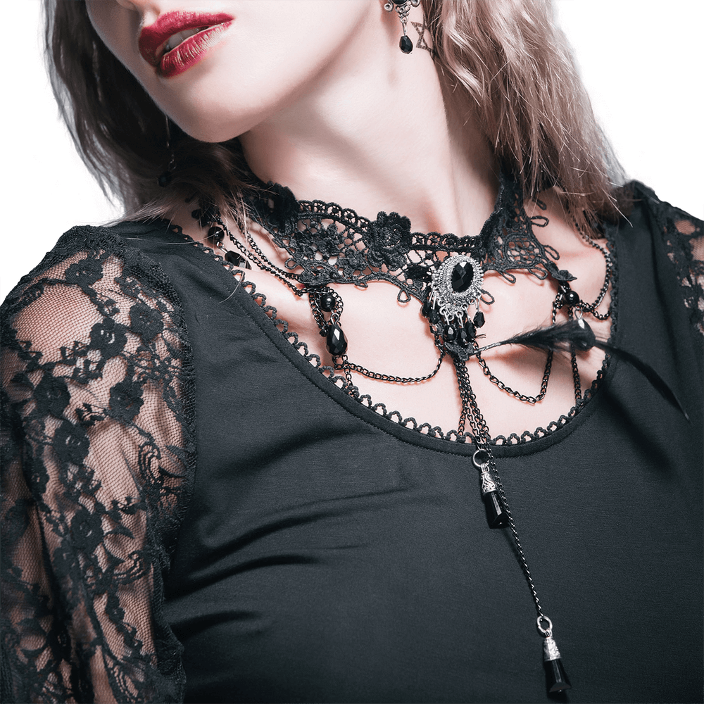 Perfect Crystal Pendant Beaded / Gothic Lace Necklace for Women / Elegantly Female Accessories - HARD'N'HEAVY