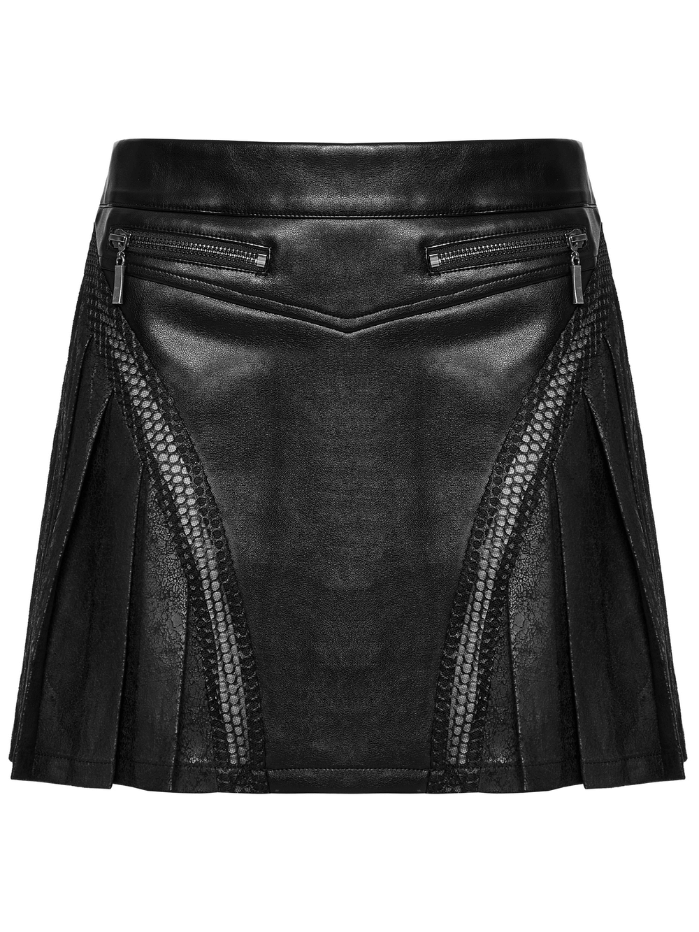 Black pleated leather skirt with zipper and mesh detailing for a punk-inspired edgy look.