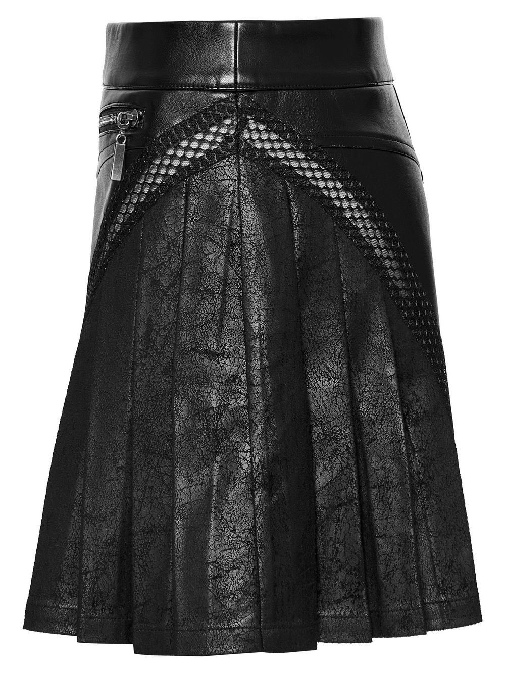 Personalized pleated leather skirt with zipper and mesh detailing, featuring a bold punk-inspired design in black.