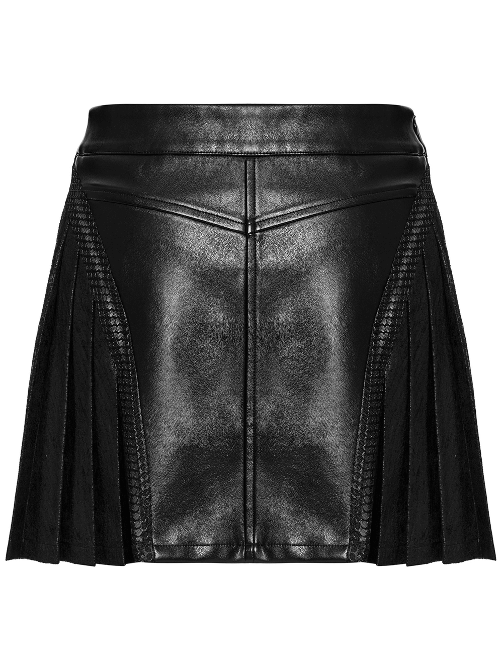 Black pleated leather skirt with zipper and mesh detailing, showcasing a punk-inspired edgy design.