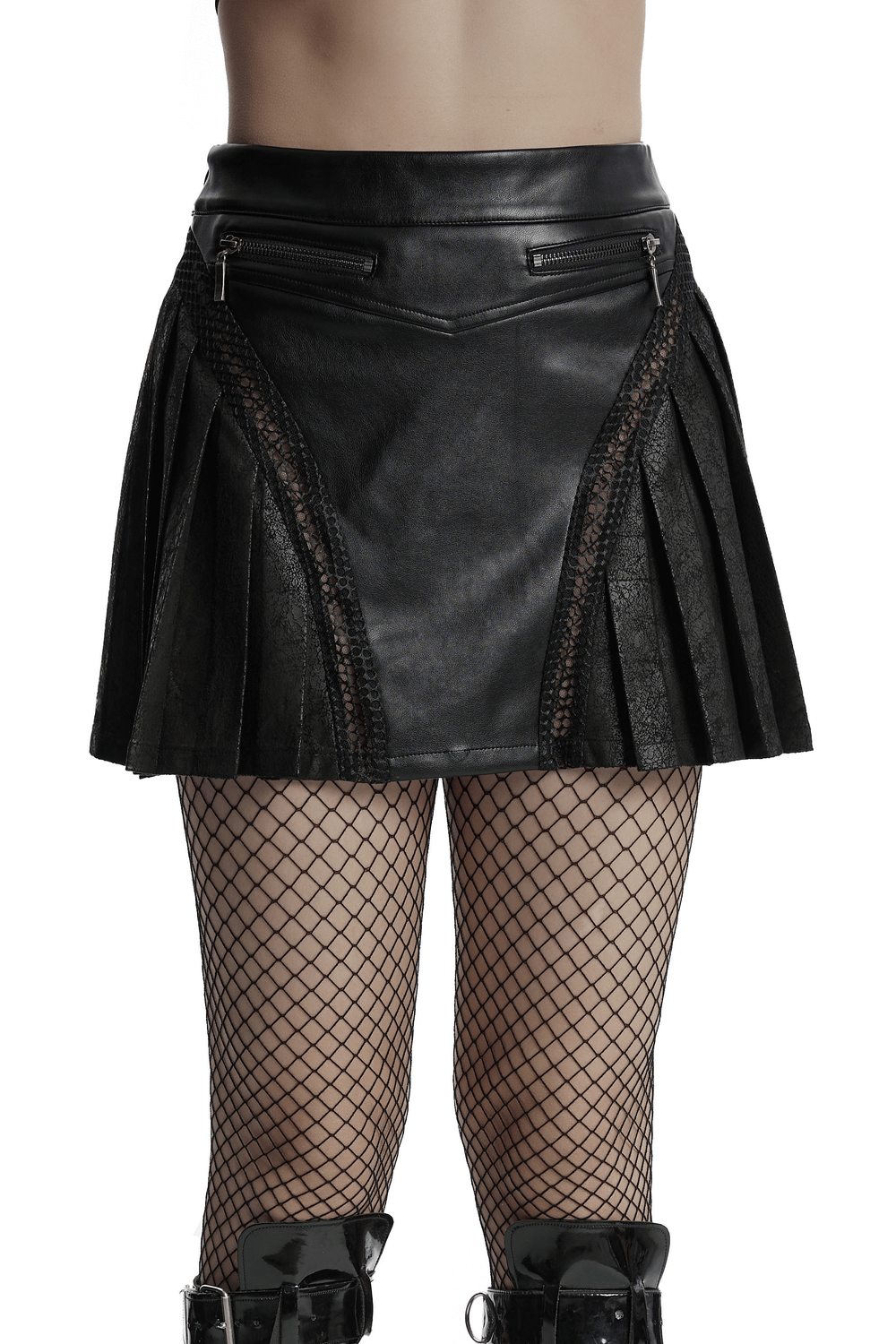 Black pleated leather skirt with mesh detailing and zipper accents, perfect for a punk-inspired fashion statement.