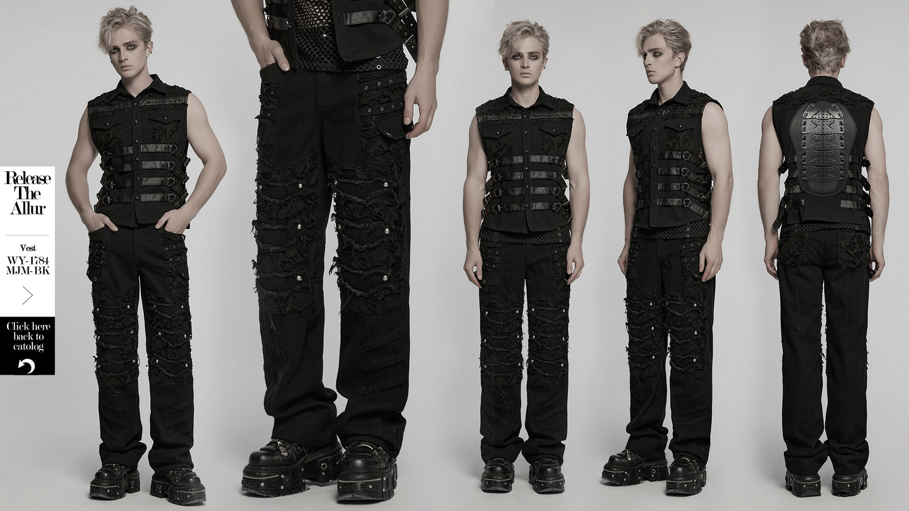 Black personalized punk pants with tassels and ripped detail in a stylish rebel look.