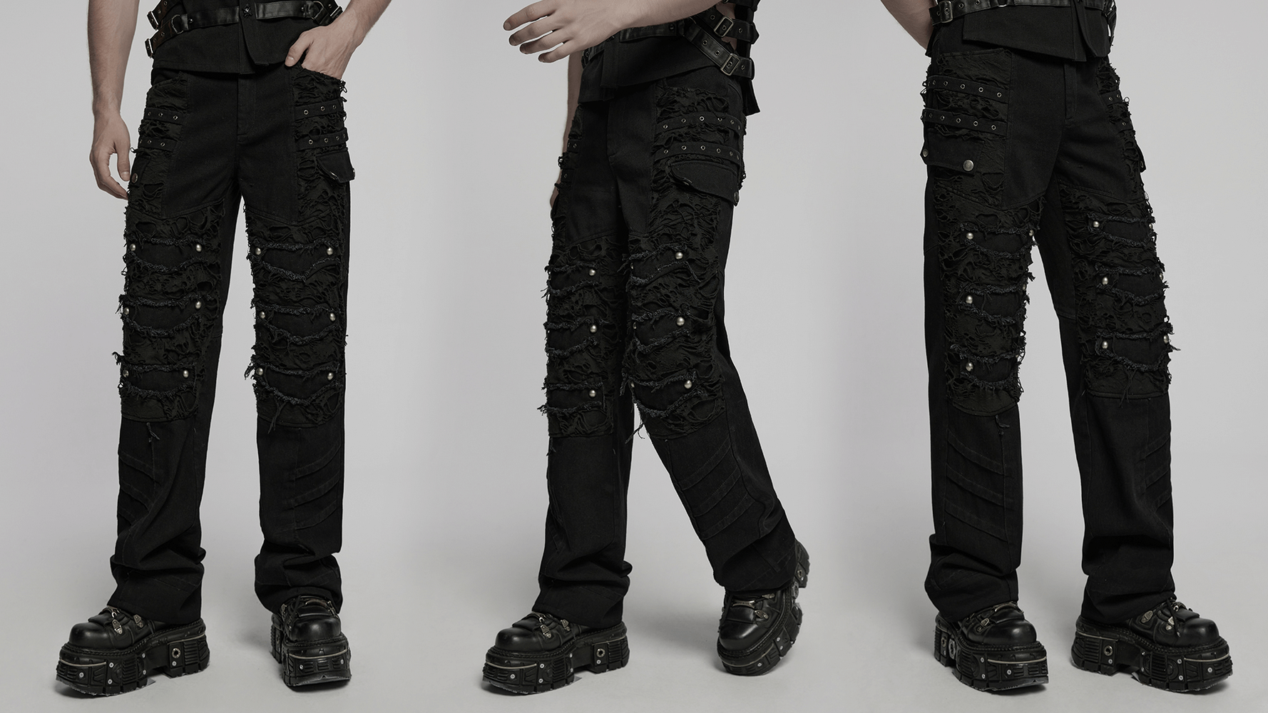 Black punk pants with ripped detail, tassels, and distressed mesh for a rebellious style.