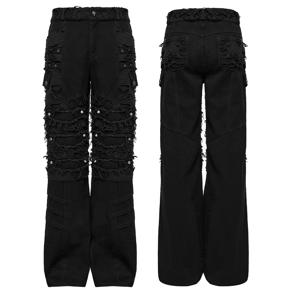 Black personalized punk pants with tassels, ripped details, and distressed mesh from front and back views.
