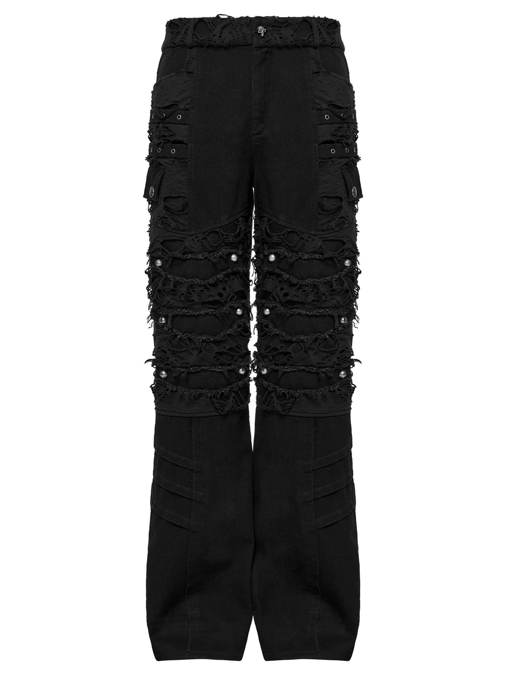 Personalized black punk pants with tassels, ripped detail, and distressed mesh for a rebellious look.