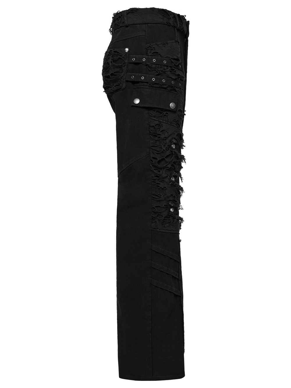 Black personalized punk pants with tassels, ripped detail and studded accents, showcasing a rebellious style.