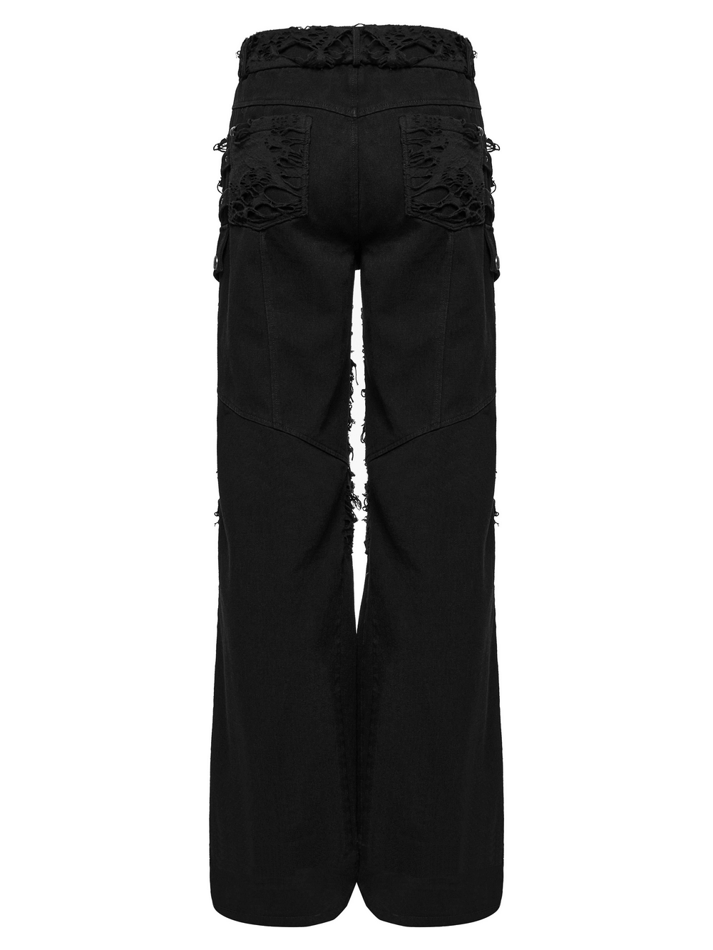 Back view of personalized punk black pants with ripped detail and tassels, showcasing edgy style and unique design.