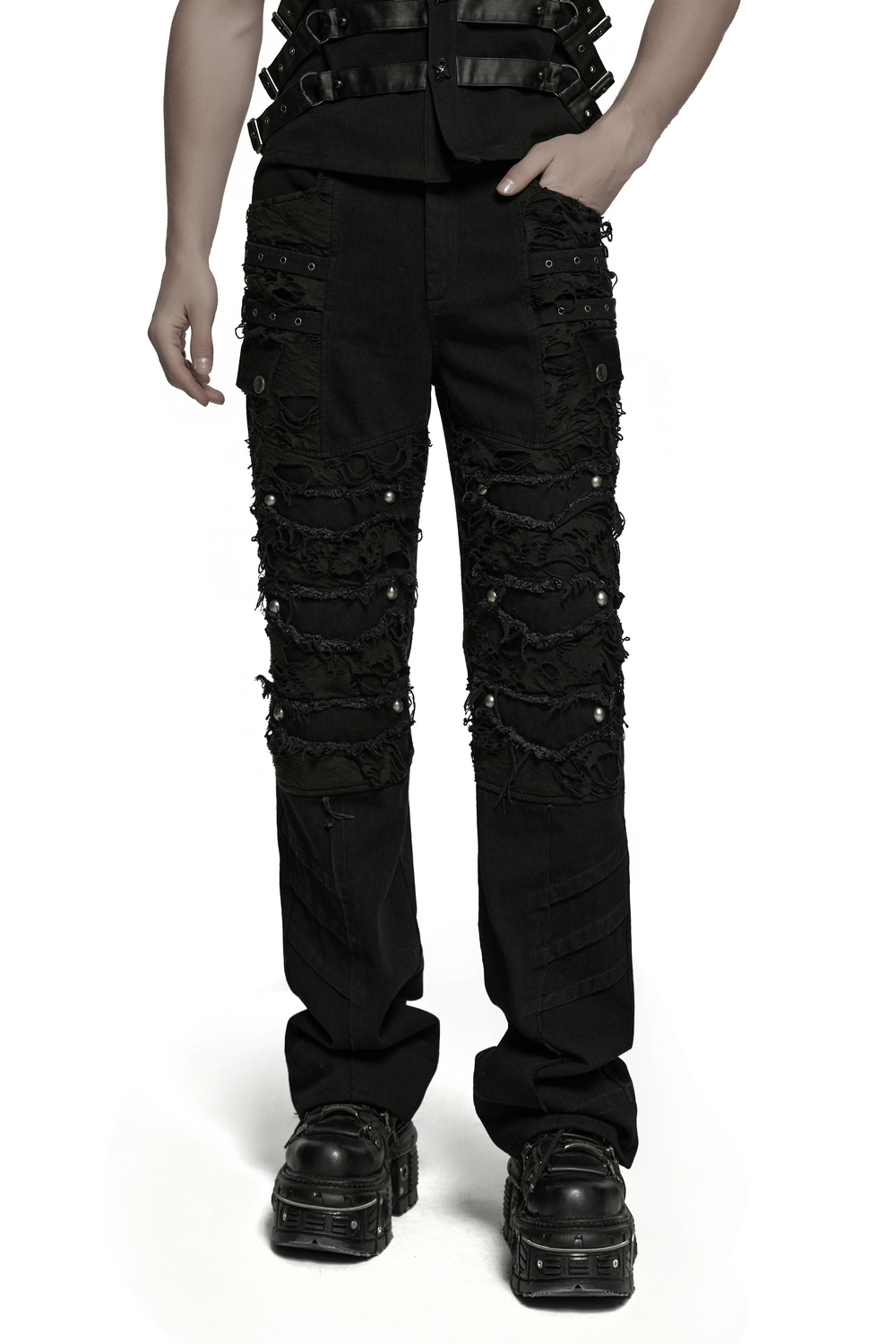 Black punk pants with tassels, ripped details, and asymmetrical hems for a rebellious fashion statement.