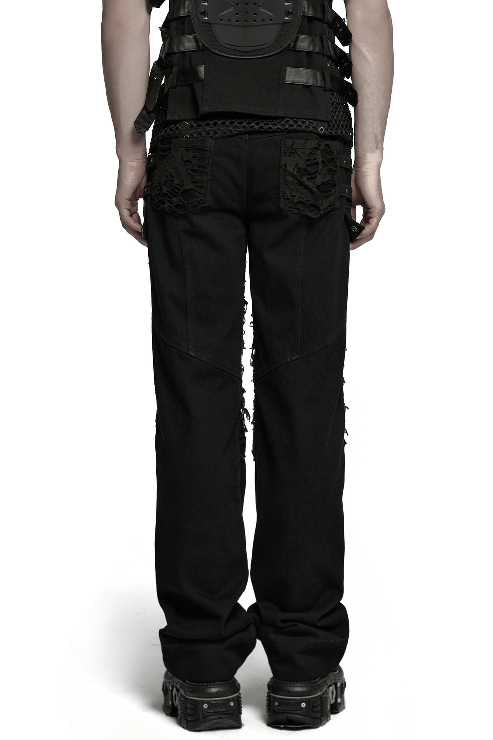Back view of personalized black punk pants with tassels, ripped detail, and distressed mesh, showcasing edgy style.