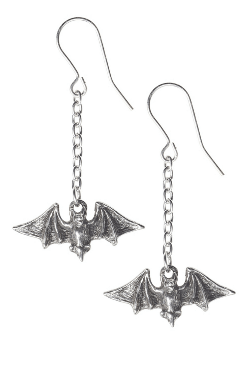 Gothic pewter bat drop earrings on fine chains, perfect for adding a subtle yet striking touch to everyday fashion.