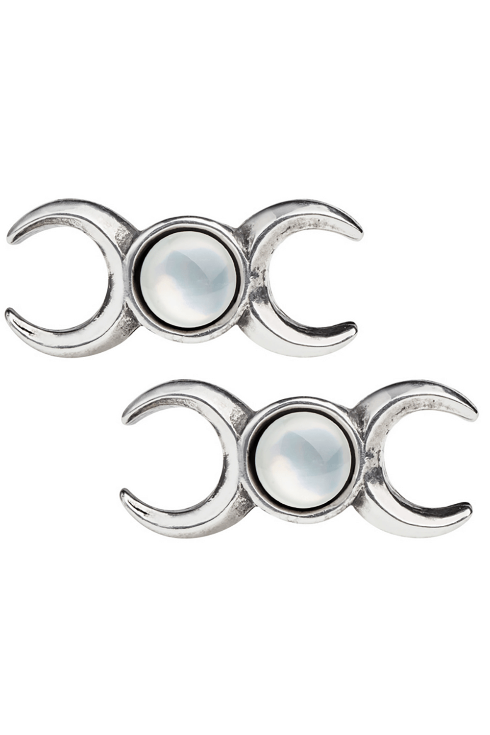 Pewter crescent moon stud earrings with mother of pearl center, symbolizing the Triple Goddess of Wicca.