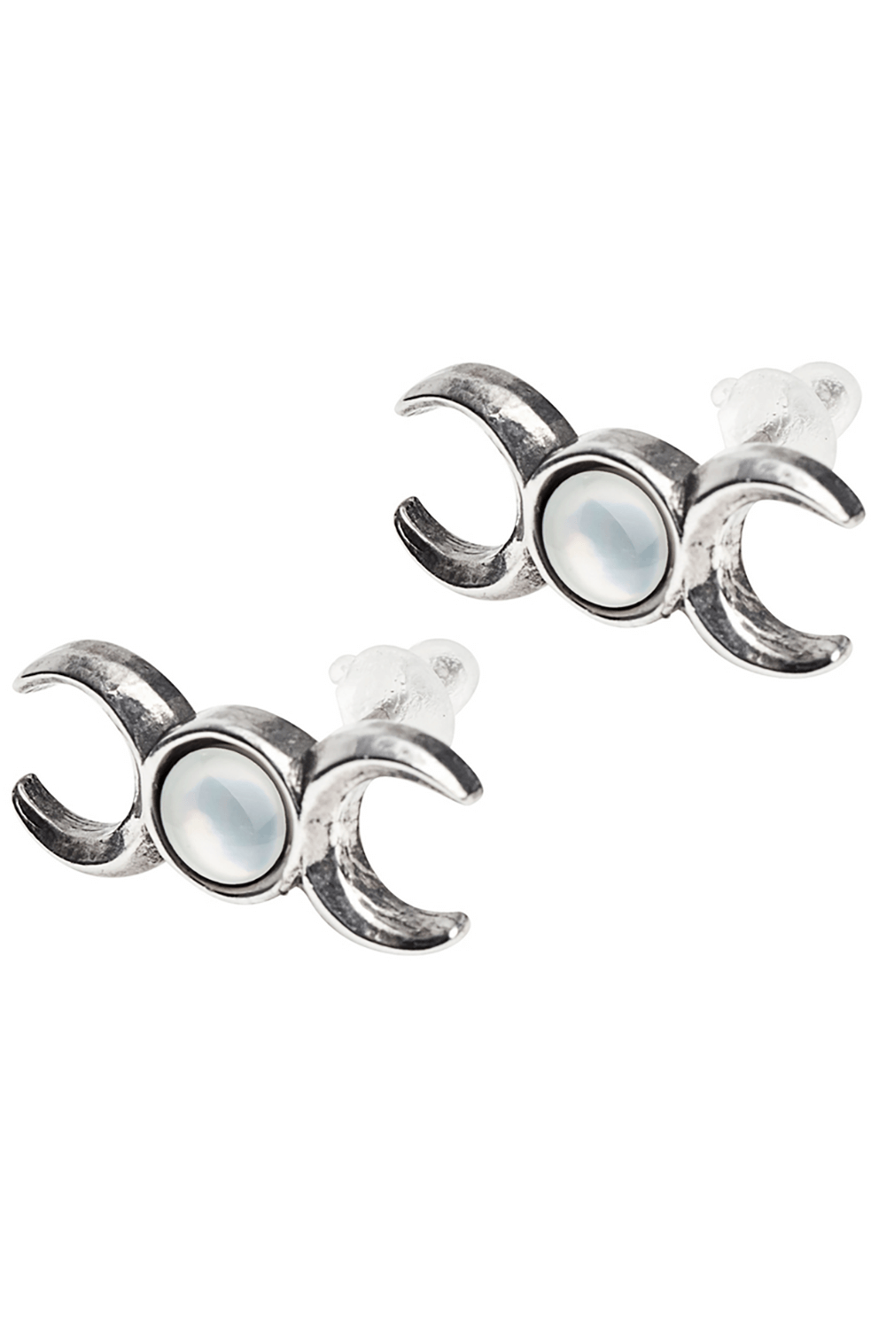 Pewter crescent moon stud earrings with mother of pearl center, showcasing triple goddess symbolism.