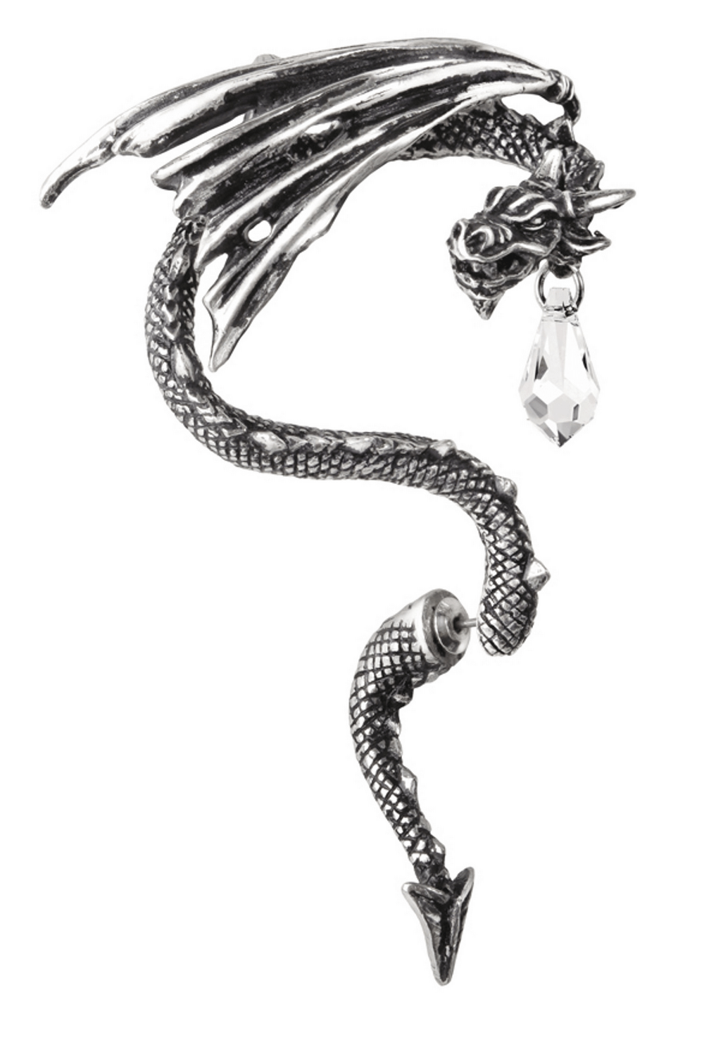 Pewter dragon ear cuff with wing design and Austrian crystal dropper, perfect for fantasy lovers.