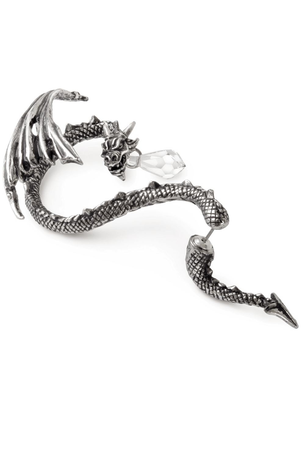 Pewter dragon ear cuff with suspended Austrian crystal drop, perfect for fantasy lovers.