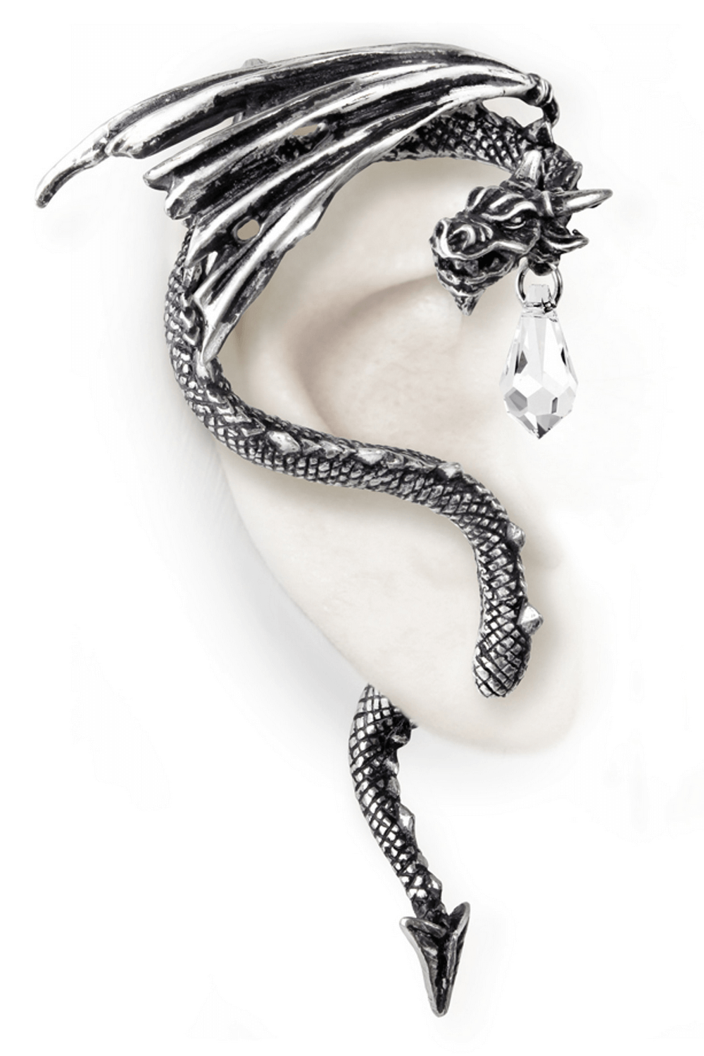 Pewter dragon ear cuff with suspended Austrian crystal dropper, showcasing a fantasy-inspired design.