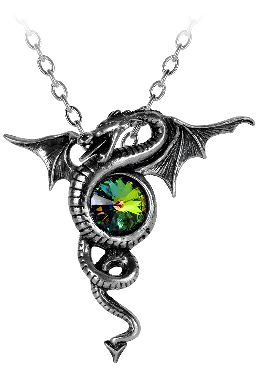 Pewter dragon pendant with rainbow Austrian crystal, embodying mystic elegance and gothic style.
