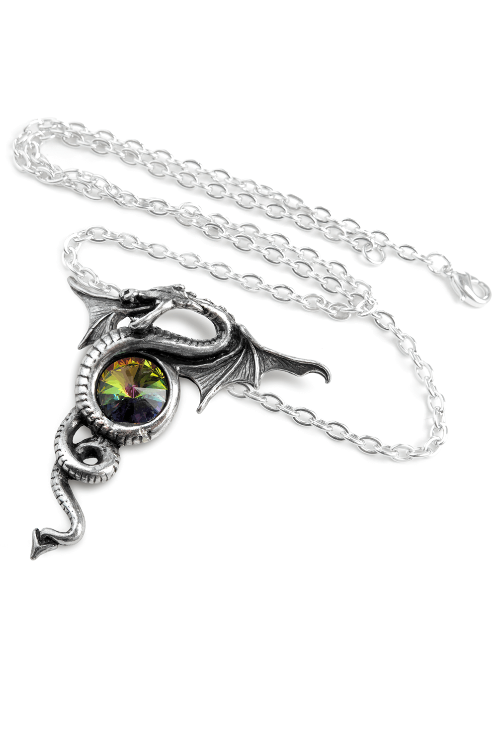 Pewter dragon pendant with rainbow Austrian crystal teardrop, showcasing gothic elegance and mystic symbolism.