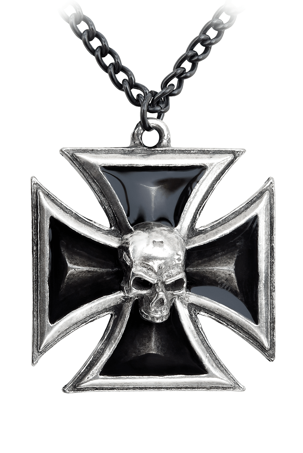 Gothic pewter Iron Cross pendant with skull and black enamel, perfect for alternative fashion enthusiasts.