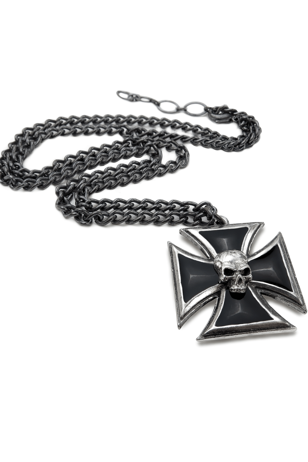 Pewter iron cross pendant with skull and black enamel, perfect for alternative style enthusiasts.