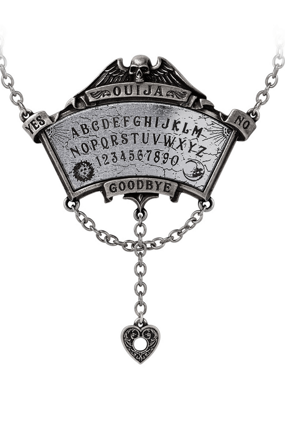 Antiqued pewter Ouija board necklace with decorative planchette and heart detail, perfect for spirit-summoning.