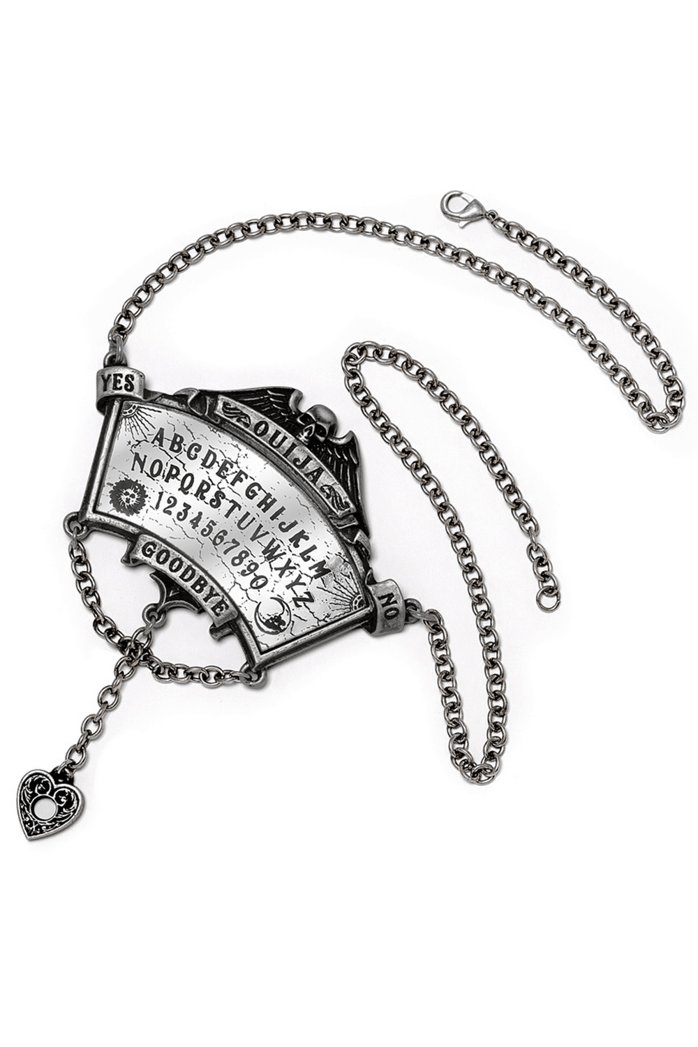 Antiqued pewter Ouija board necklace with heart detail and decorative planchette for mystical summoning.