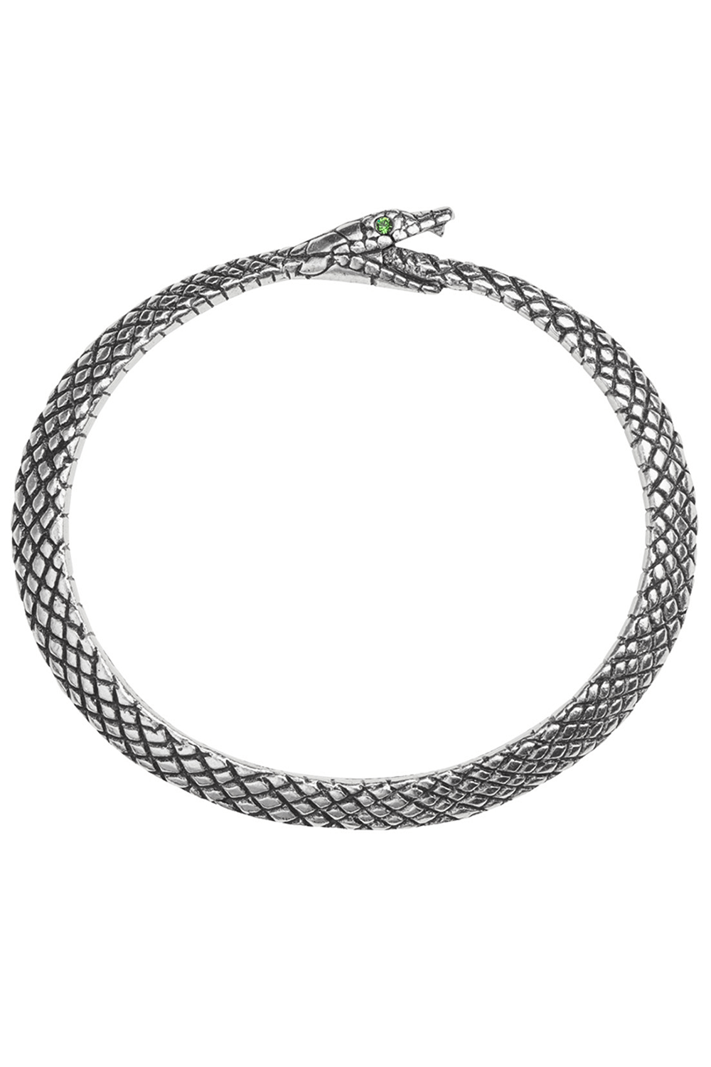 Pewter Ouroboros snake bangle with green crystal eyes, symbolizing eternity and rebirth in gothic style.