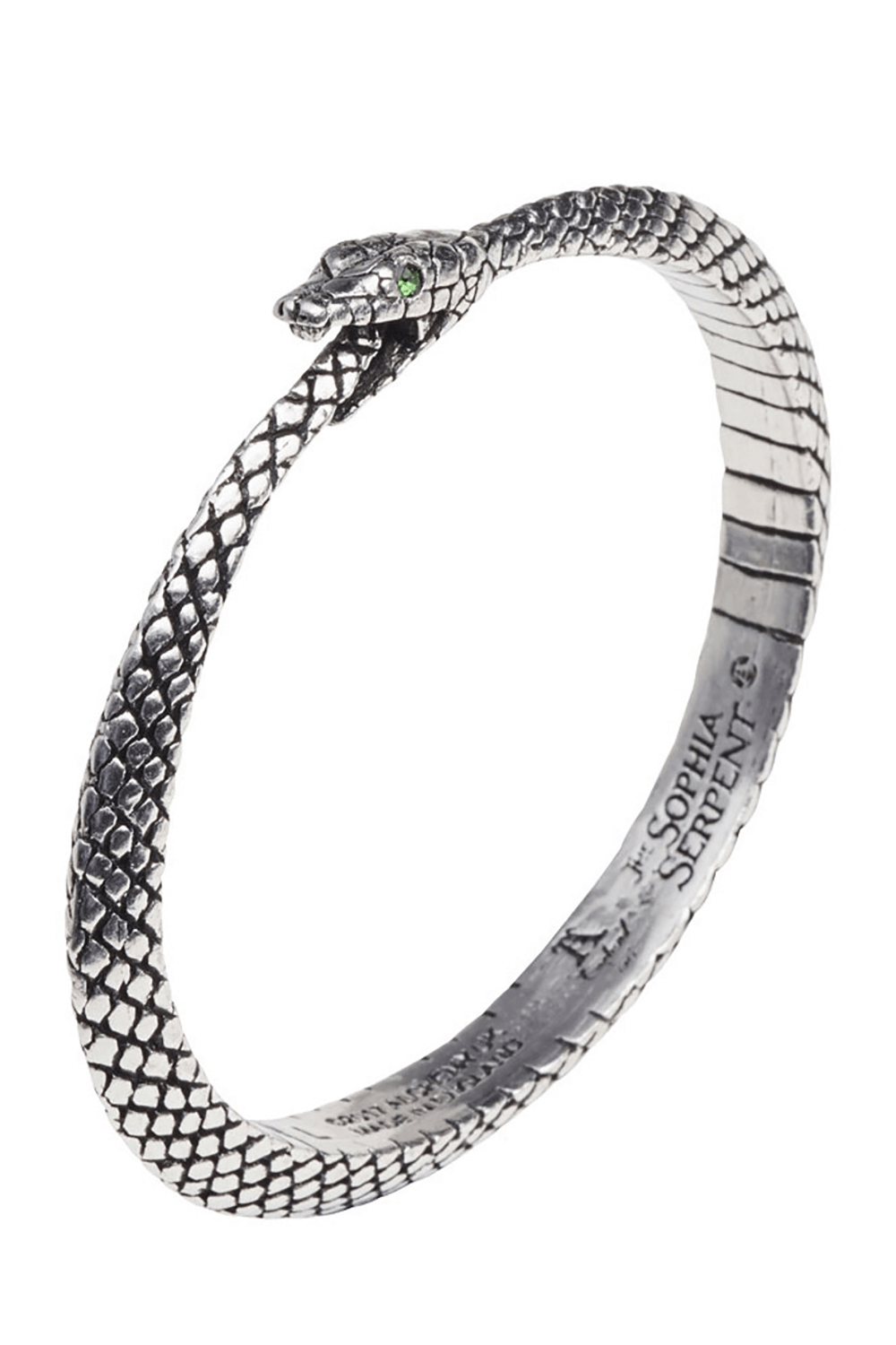 Pewter Ouroboros snake bangle featuring green crystal eyes, symbolizing eternity and unity in gothic jewelry.