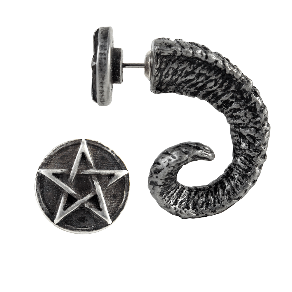 Pewter Ram's Horn Earring with Pentagram End Cap showcasing a mystical design with raw ancient vibes.